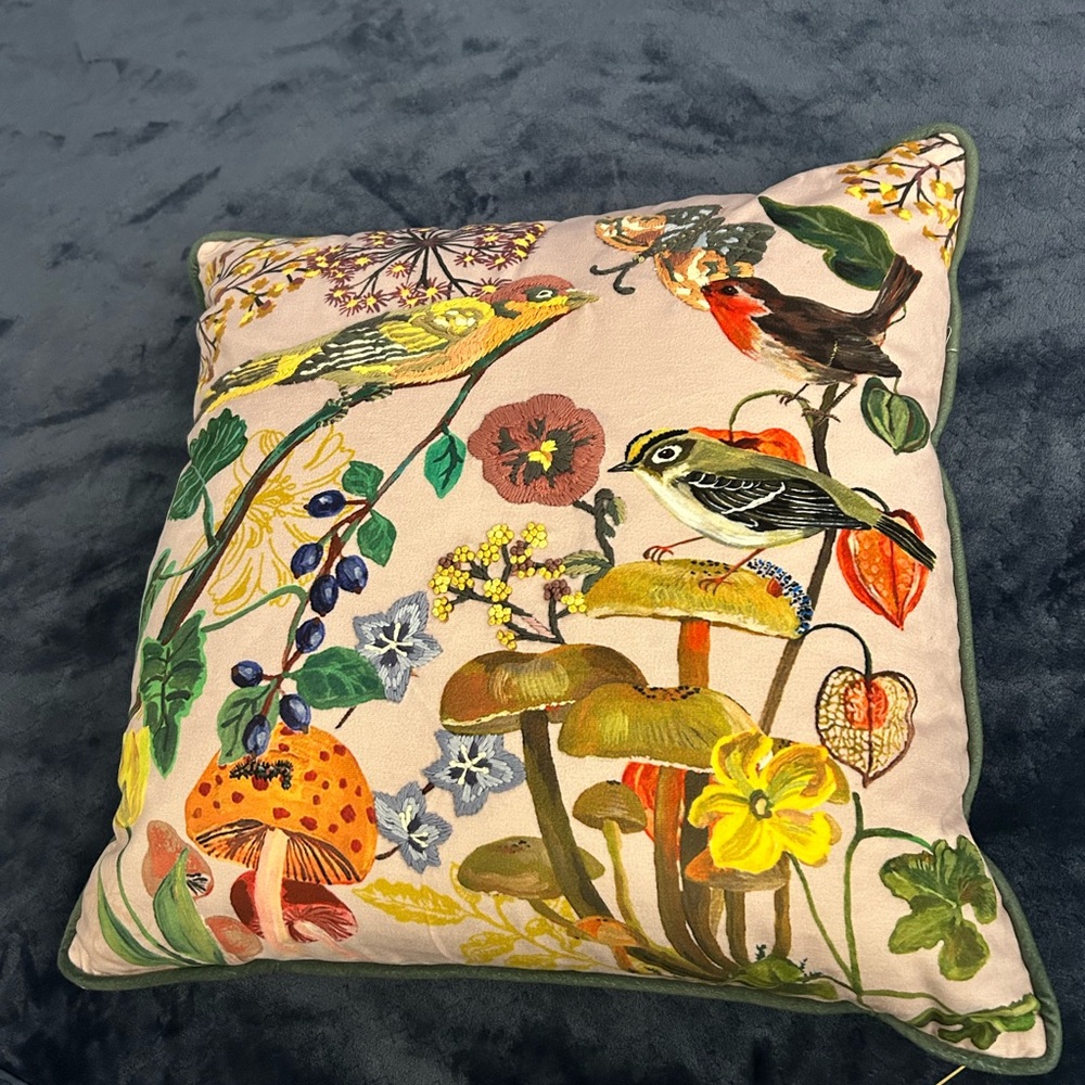 Anthropologie Nathalie Lete Woodland Creatures Floral & Bird Embroidered Pillow